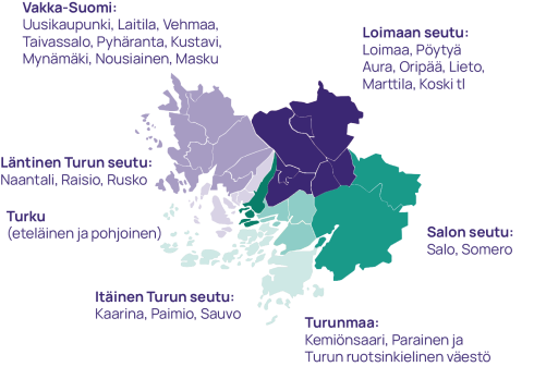 Varhaan kuuluvat kunnat: Uusikaupunki, Laitila, Vehmaa, Taivassalo, Pyhäranta, Kustavi, Mynämäki, Nousiainen, Masku, Loimaa, Pöytyä, Aura, Oripää, Lieto, Marttila, Koski tl, Salo, Somero, Kemiönsaari, Parainen, Kaarina, Paimio, Sauvo, Naantali, Raisio, Rusko, Turku.