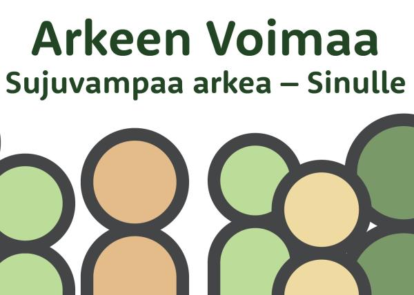 Arkeen Voimaa -toiminnan tunnuskuva, piirroshahmoja rivissä