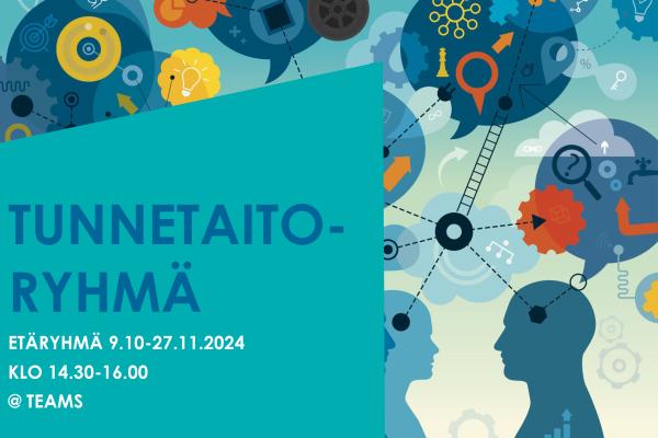 Tunnetaitoryhmän esite, jossa lukee "Tunnetaitoryhmä. Etäryhmä 9.10.-27.11.2024 klo 14.30-16.00 @Teams."